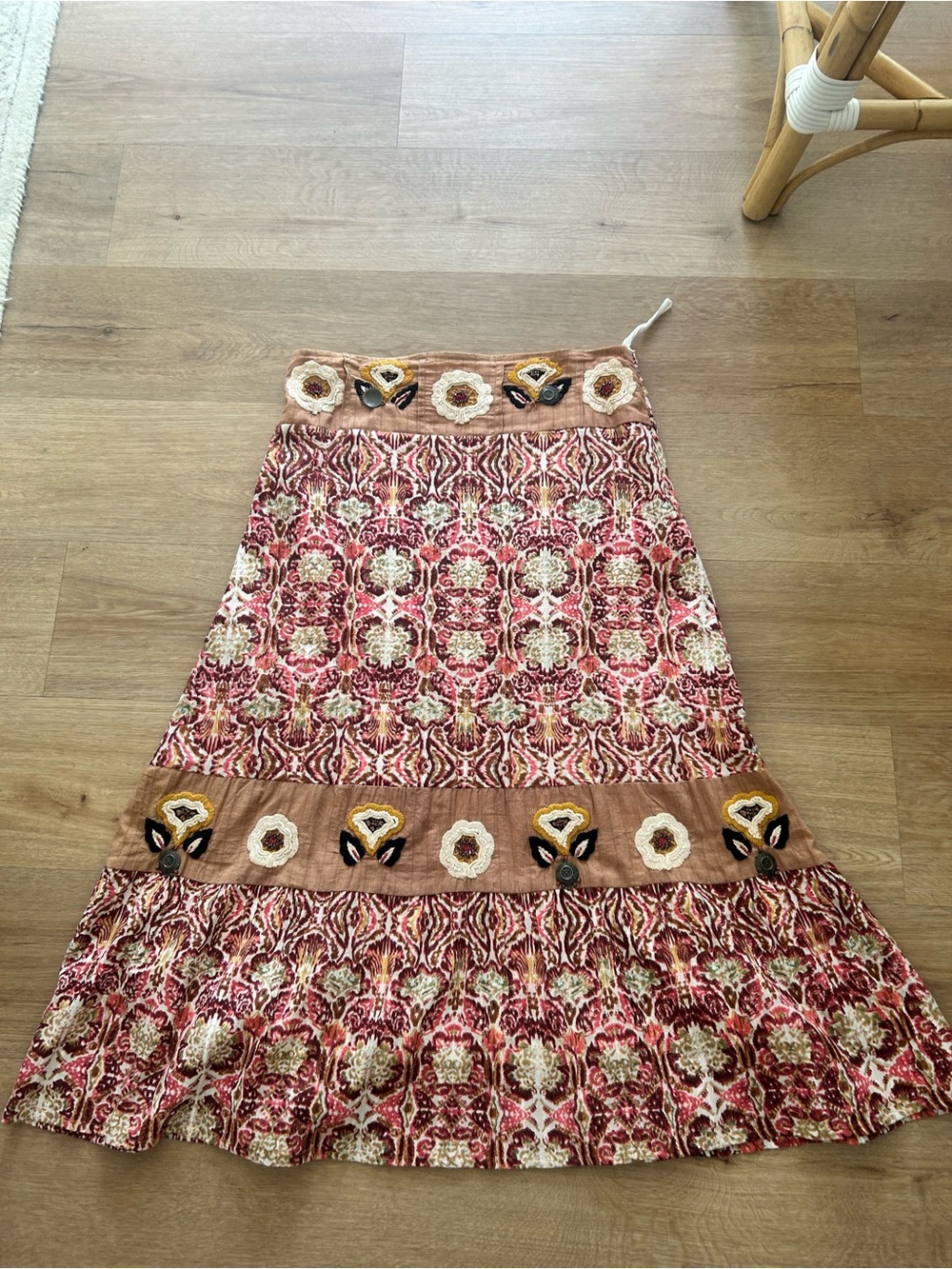 Embroidered Floral Tiered Maxi Skirt in Rust and Pink